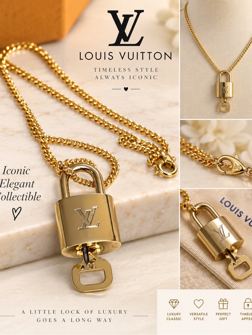 Louis Vuitton Gold and Silver Padlock Key Charm Necklace